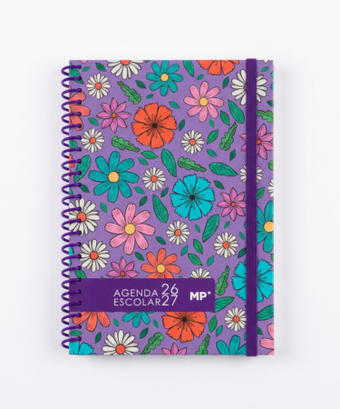 Agenda Escolar A6 Día Página Tapa Dura 2026/2027 - Diseño Flores Morado