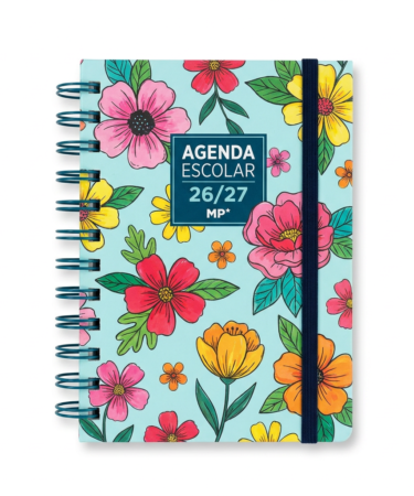 Agenda Escolar A6 Día Página Tapa Dura 2026/2027 - Diseño Flores Azul