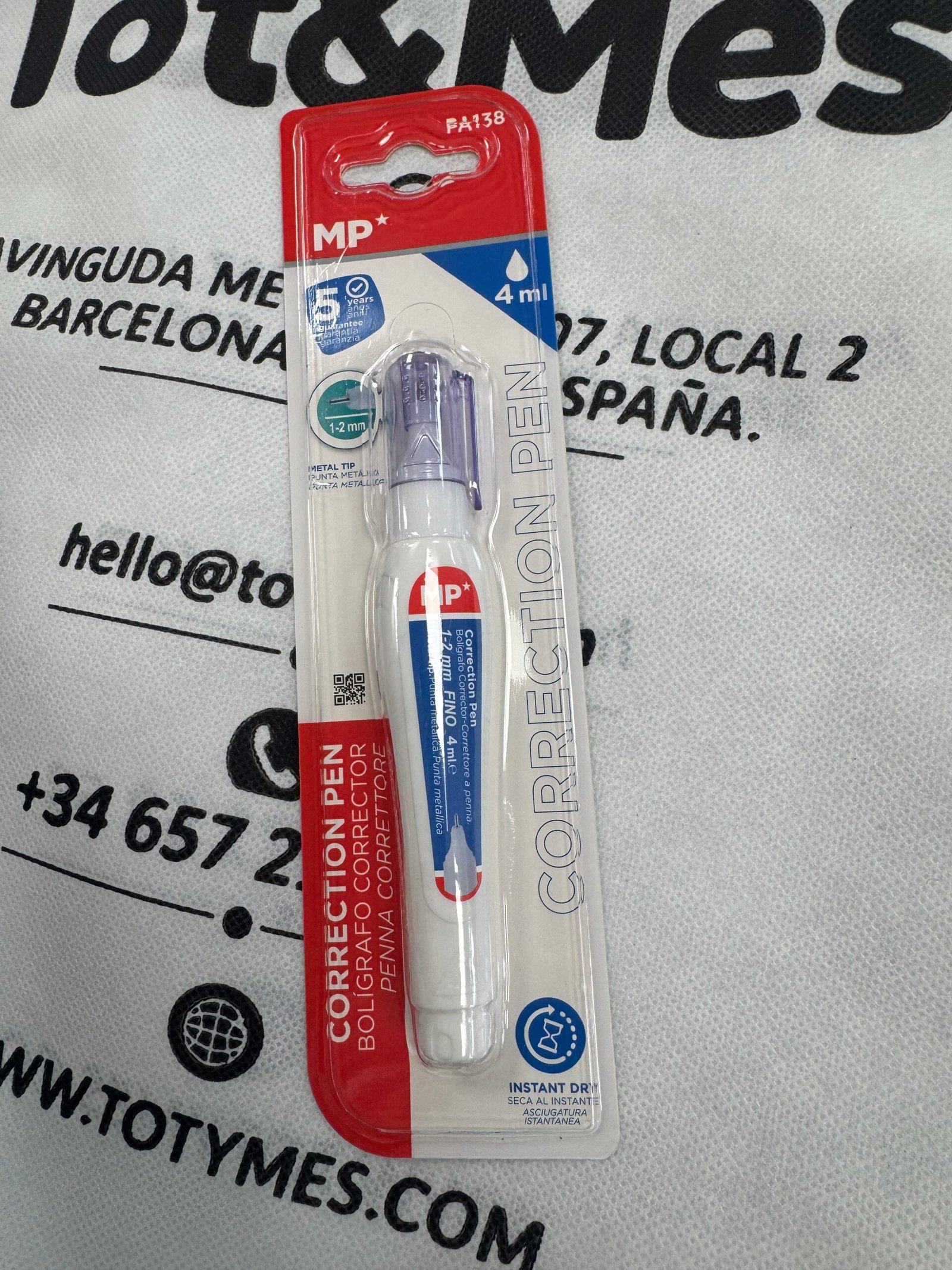 Bolígrafo corrector MP punta metálica 1-2mm 4ml secado instantáneo - FA138